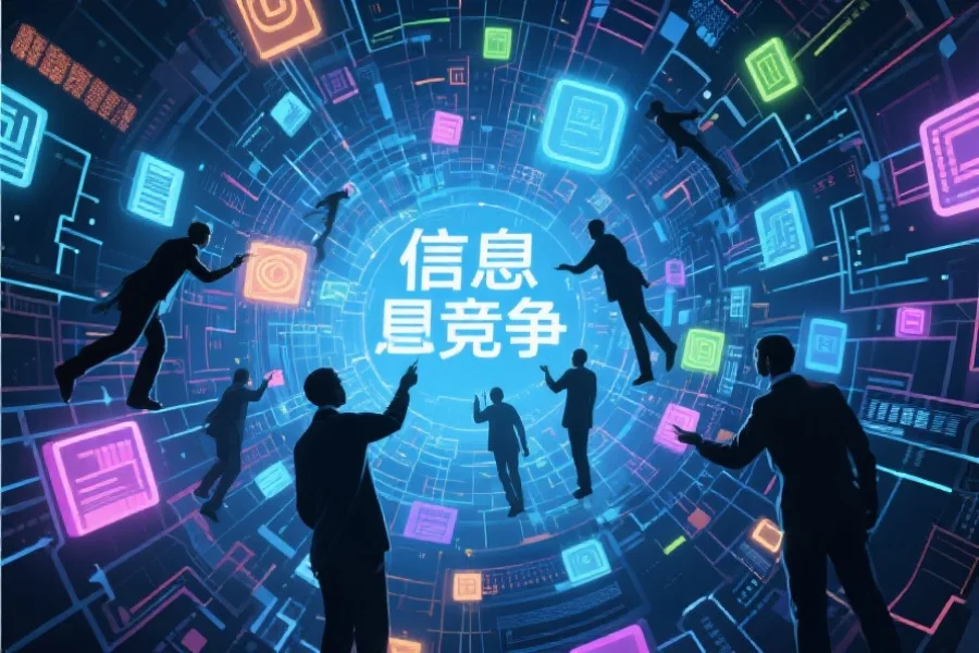 抽象表现“信息竞争”：多个人物在巨大的信息网络中寻找不同发光的数据节点，突出独家发现的概念