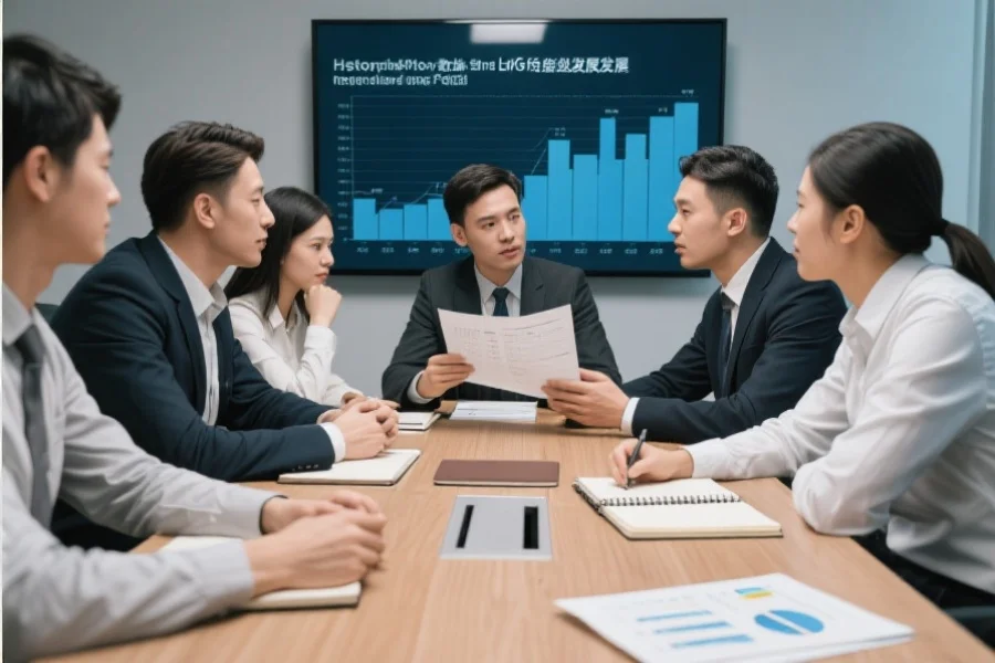 企业团队正在开会讨论一份基于历史数据的长期发展战略,会议桌上摆放着笔记本和分析报告